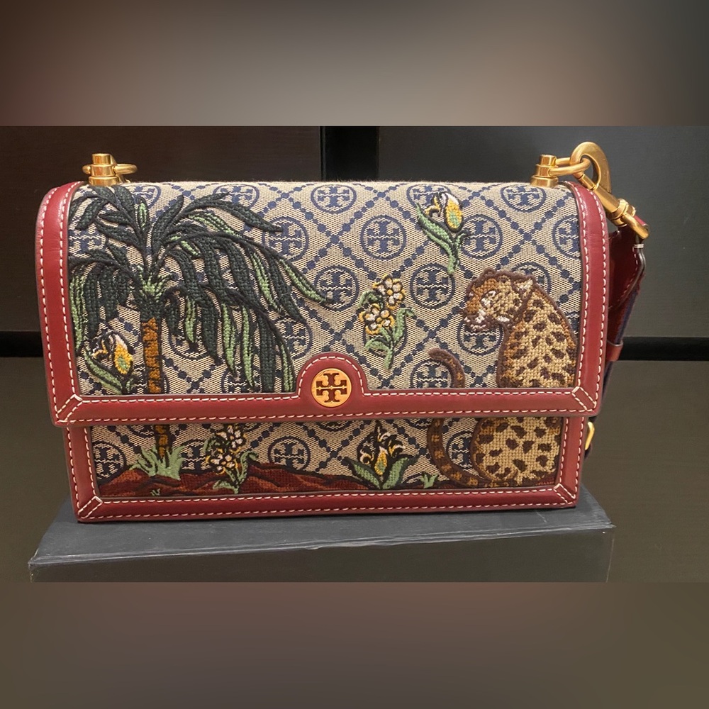 Tory Burch Beige Canvas Jungle Embroidered Crossbody with Red Trim